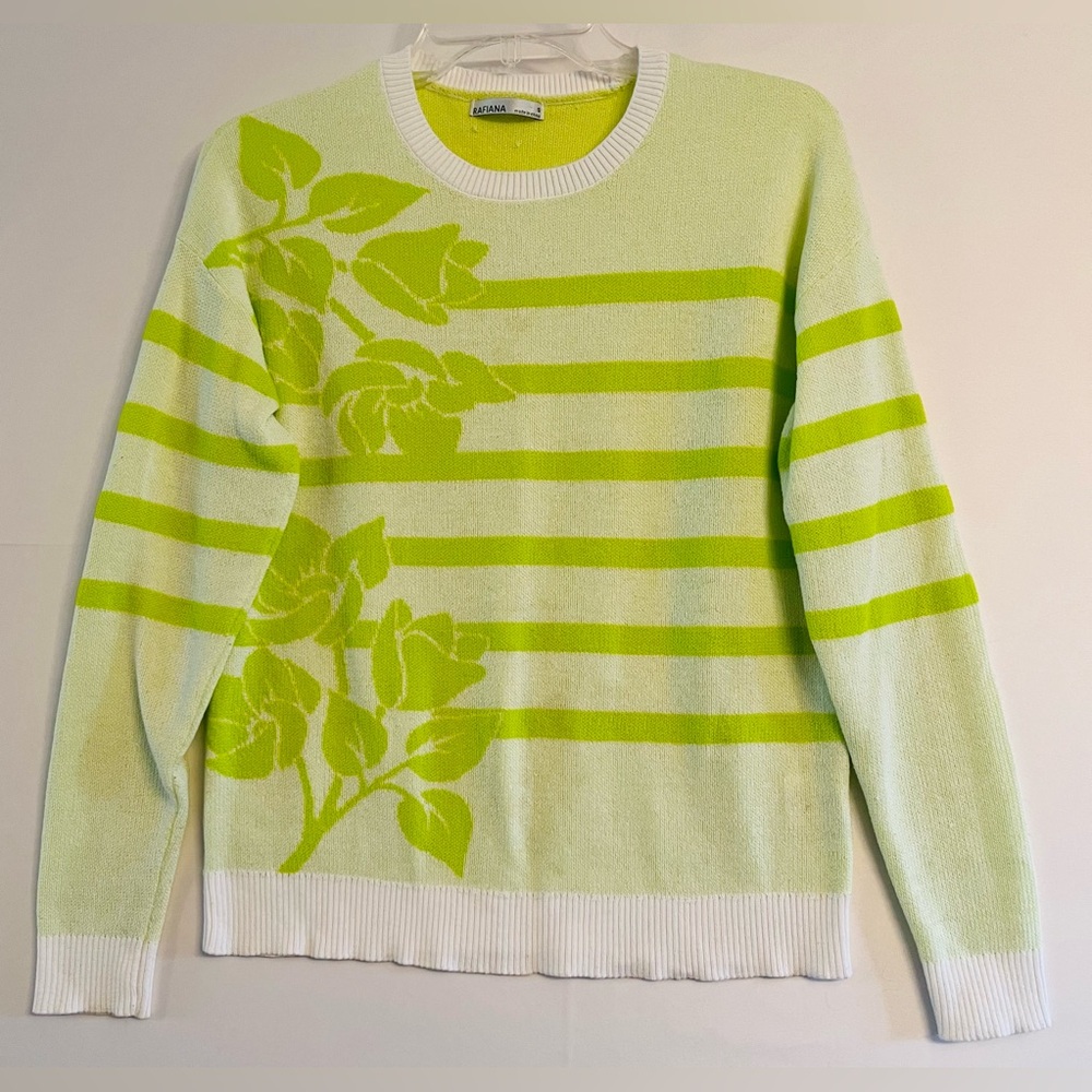 Y2K Vintage Lime Green Striped Floral Knit Sweater Chartreuse Crewneck
